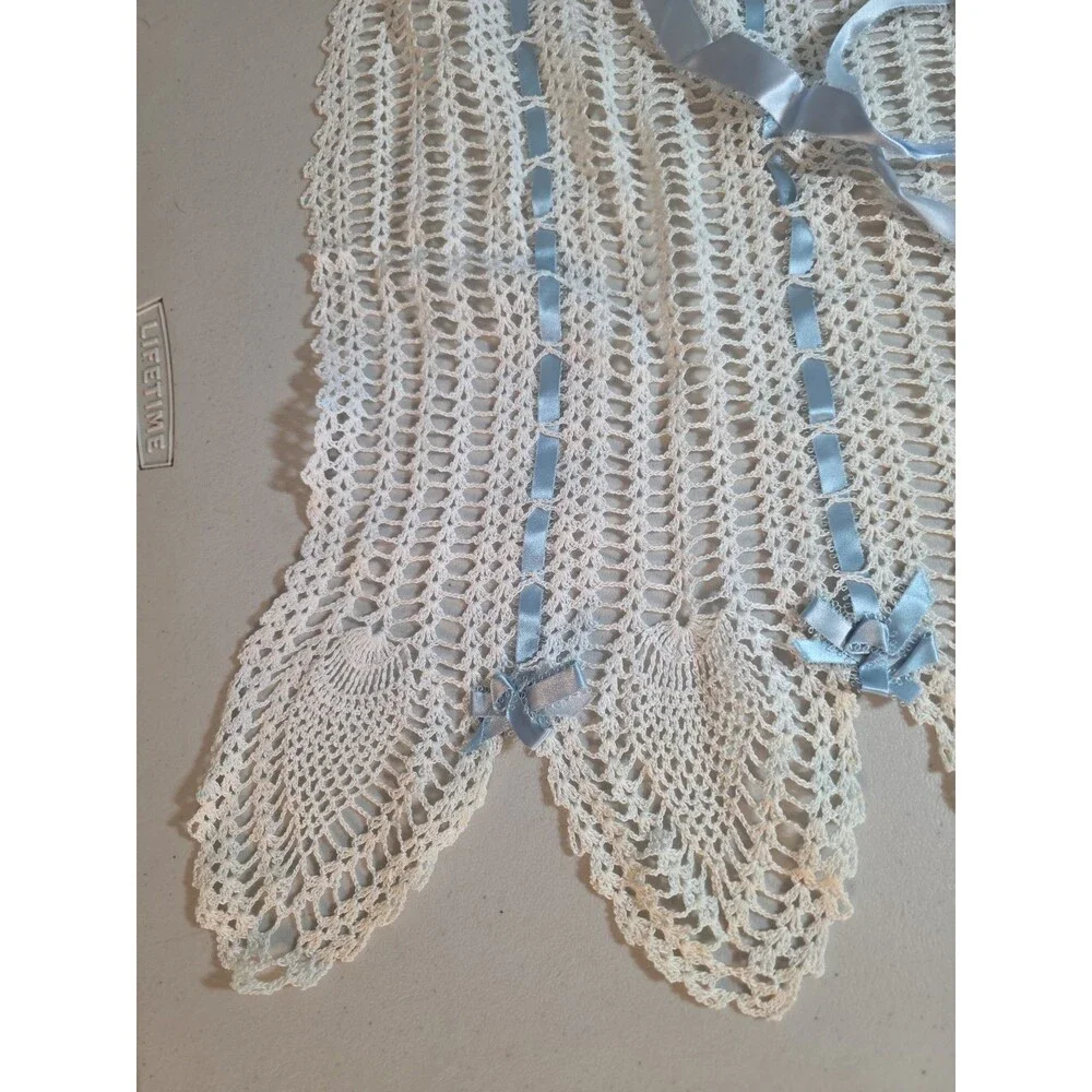 Vintage Handmade White Crochet Lace Apron with Blue Ribbon Ties